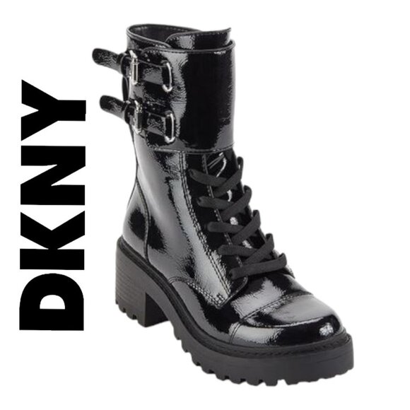 Brand NEW Designer DKNY Combat Boots Moto Boots Patent Leather Black BART 6.5 - Picture 3 of 16